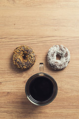 Two donuts and hot coffee