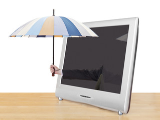 hand with umbrella pops out of TV screen