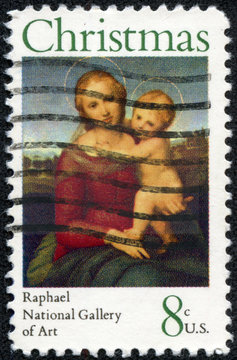 Stamp printed in USA shows the Small Cowper Madonna