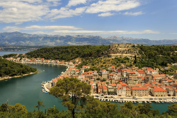 Dalmatian town Novigrad with Velebit in background