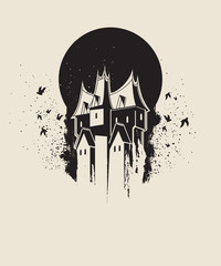 Dark gothic house against black moon - obrazy, fototapety, plakaty