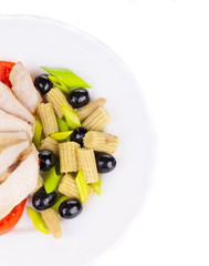 Close up of meat salad with vegetables.