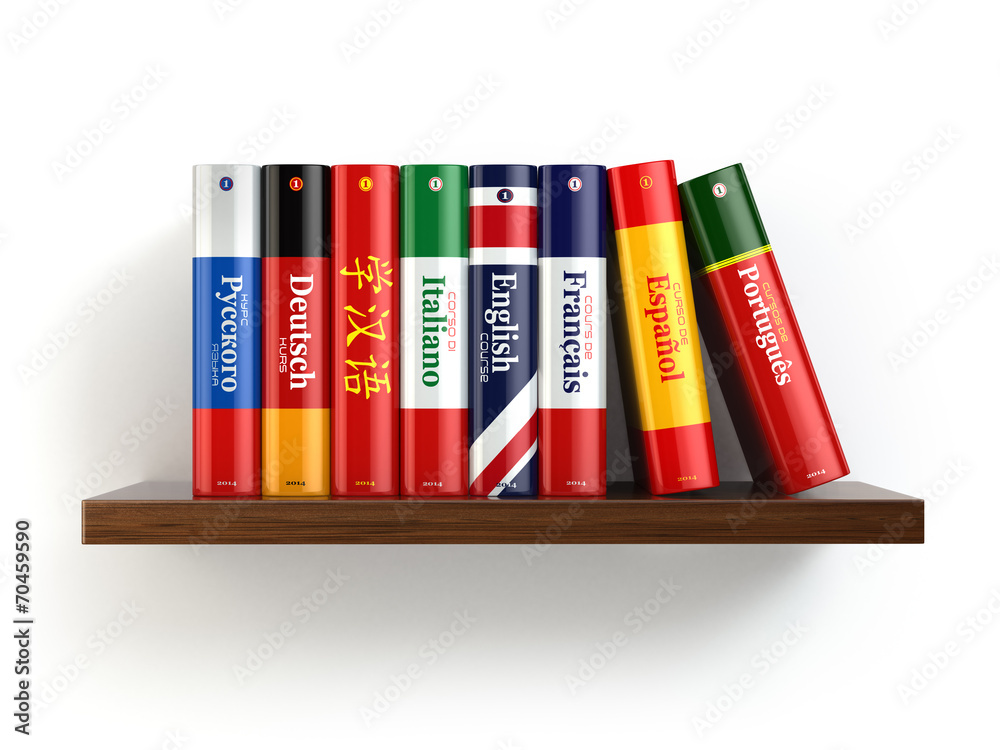 Poster dictionaries on bookshelf white isolated backgound.