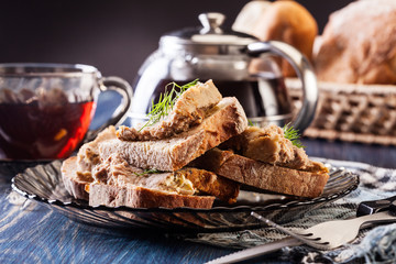 Slices of bread with baked pate