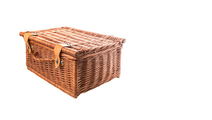 Handmade wicker picnic basket over white background