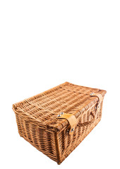 Handmade wicker picnic basket over white background