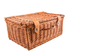 Handmade wicker picnic basket over white background