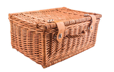 Handmade wicker picnic basket over white background