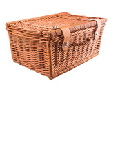 Handmade wicker picnic basket over white background