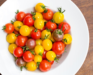Colorful cherry tomatoes in white bowl