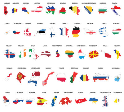 Europe vector country maps combinated vith flags