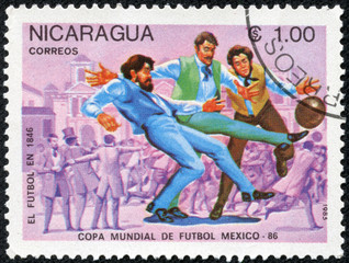 stamp printed in Nicaragua shows Evolution of Soccer, 1846