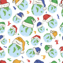 Planets in Christmas hats seamless texture