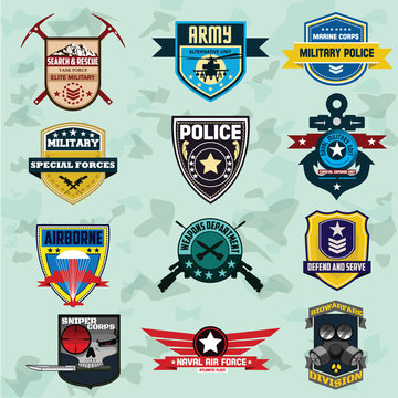 Set of military and armed forces badges and labels logo. Vector