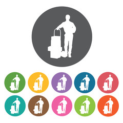 Delivery man leaning on packages icon. Delivery man shipping ico