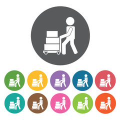 Delivery man pushing cart with packages icon. Delivery man shipp