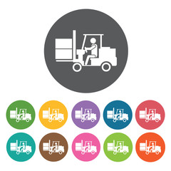 Forklift delivery boxes icon. Delivery man shipping icon set. Ro
