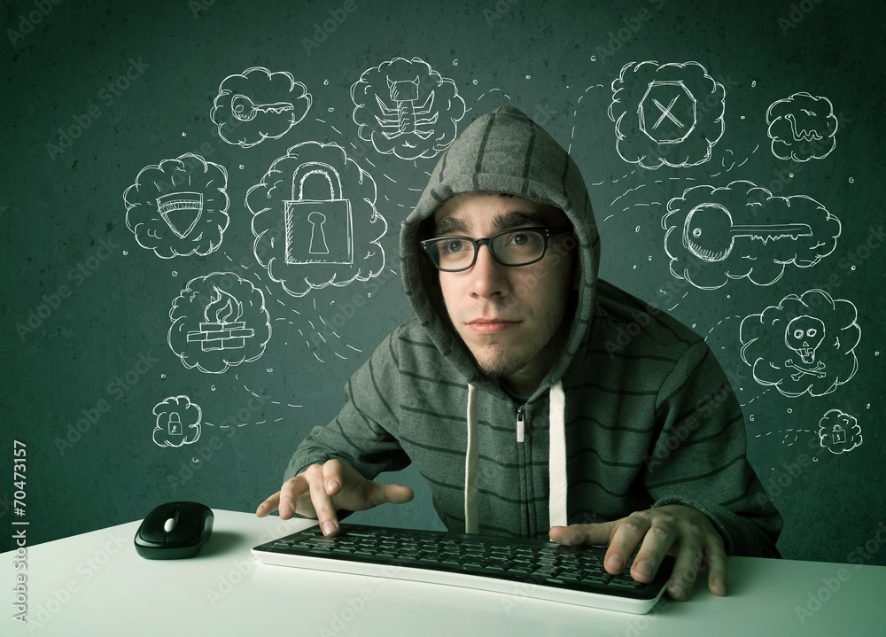 Aufkleber Young nerd hacker with virus and hacking thoughts