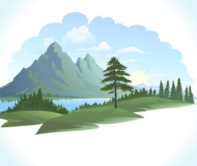Fototapeta premium VECTOR MOUNTAINS WITH GREEN FIELDS