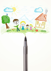 Pen close-up with a drawing of a family