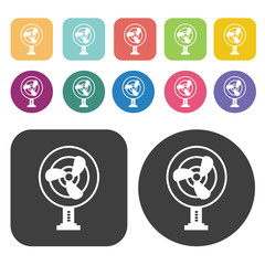 Desktop fan with three blades icon. Fan icon set. Round and rect