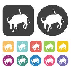 Carabao with Crane icon. Farming icon set. Round and rectangle c