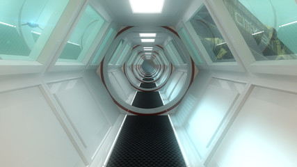 Fototapeta premium Futuristic corridor interior and city