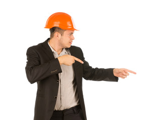 Man Wearing Orange Hard Hat Pointing to the Side