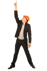 Middle Age Engineer in Orange Helmet Pointing Up