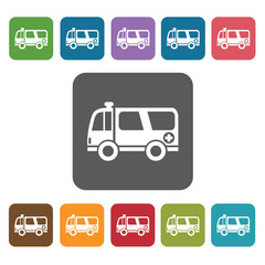 Ambulance icon. Medical icons set. Rectangle colourful 12 button