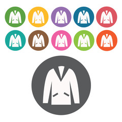Jacket icon. Mens clothes icons set. Round colourful 12 buttons.