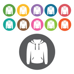 Hoodie icon. Mens clothes icons set. Round colourful 12 buttons.