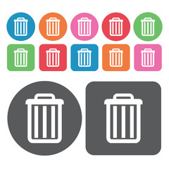 Metal trashcan with lid icon. Trash can icons set. Round and rec