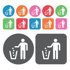 Person throwing garbage on waste bin icon. Trash can icons set.