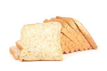 The cut loaf of bread on white background.