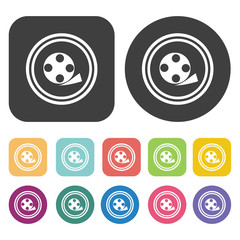 Film wheel icon. Video sign symbol icons set. Round and rectangl