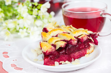 Cherry pie with cup of tea karkade