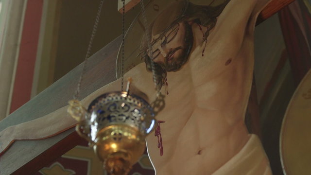 Jesus body on the cross in Christian Orthodox Church
