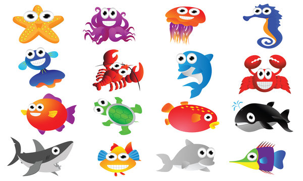 Sea animal cartoon set