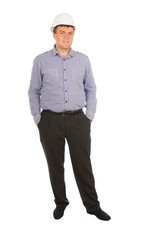 Relaxed young man wearing a hardhat