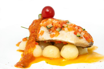 baked fish with potatoes in tomato sauce