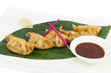 Japanese dumplings with lettuce on white background