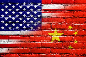 China and USA Flag painted on brick wall