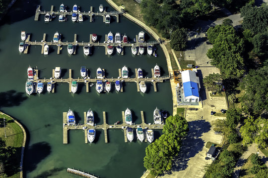 Boats in little port, aerial view