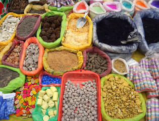 Herbs, potions and powders. Market in Pukara, Puno, Peru