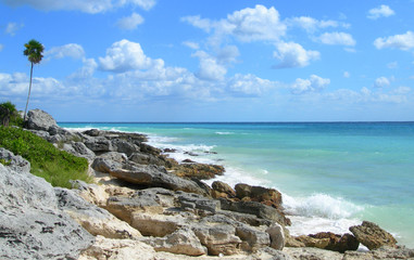 Rocky Caribbean beach and waves at the Atlantic