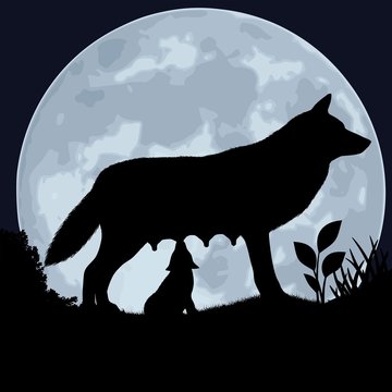 Silhouette of a wolf and wolfling on the background of the moon.