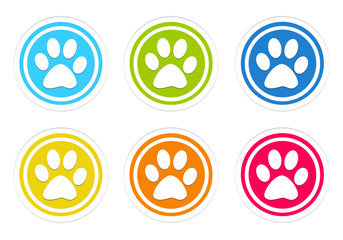 Set of rounded colorful icons with pet footprints