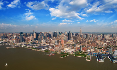 Chelsea and Greenwich Village Helicopter view at summer sunset -