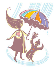 Mother with child. Walking in the happy rain.